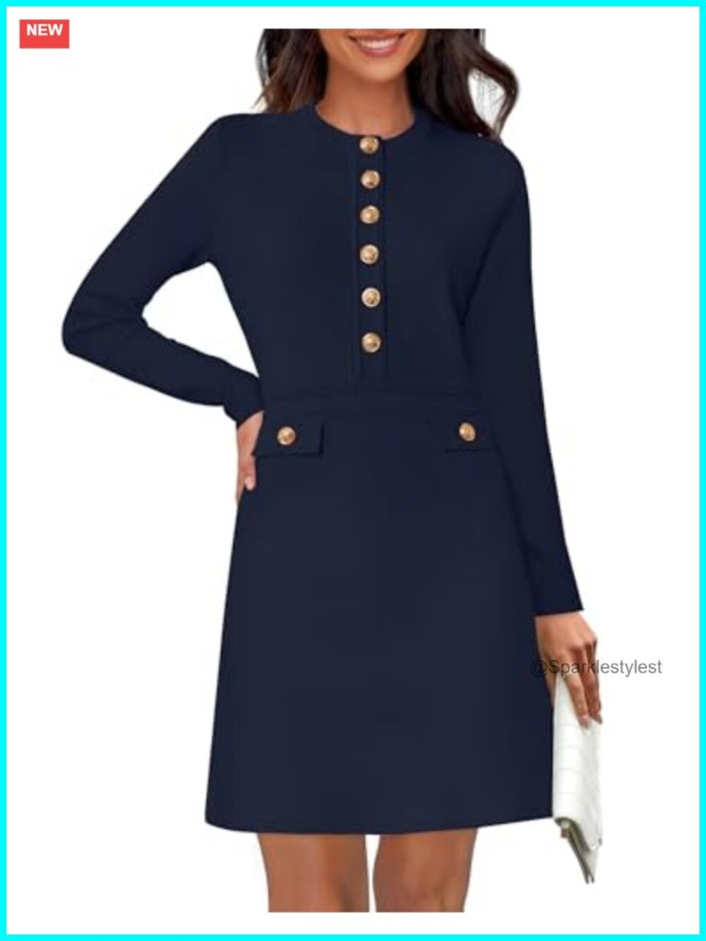Long Sleeve Mini Sweater Dress Button Business Casual Work